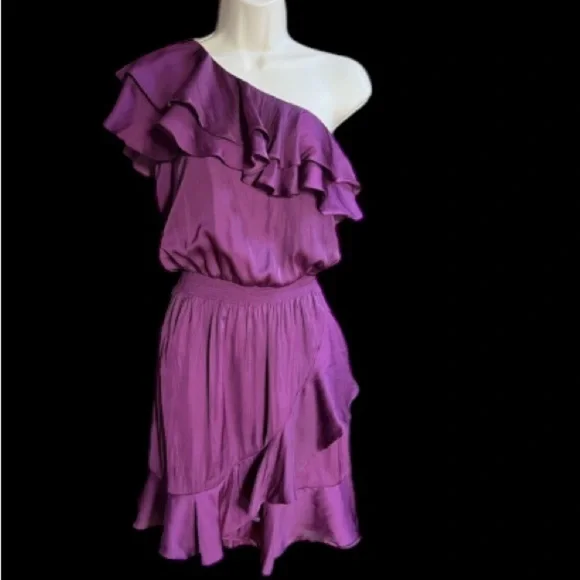 White House Black Market Sz 6 Ruffled One Shoulder Purple Blouson Cocktail Dress - Picture 5 of 11